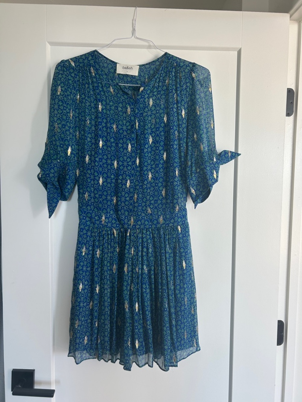 ba&sh Silk Teal Blue Printed Tie-Sleeve Pleated Dress with Gold Accents